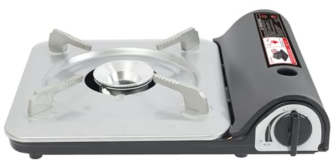 Hornillo de camping portátil con cartucho de gas, cocina de gas butano compacta de aluminio, 1 fuego, estufa de gas Stove con control de llama, pies antideslizantes y maletín de transporte (negro)