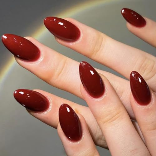 JUSTOTRY 24 Stück Blood Rot Nägel Zum Aufkleben Kurz,Einfarbig Mandel Press on Nails Muster,Glossy Oval Kunstnägel Fake Nails Mittel,French Fingernägel Künstliche Nägel für Frauen