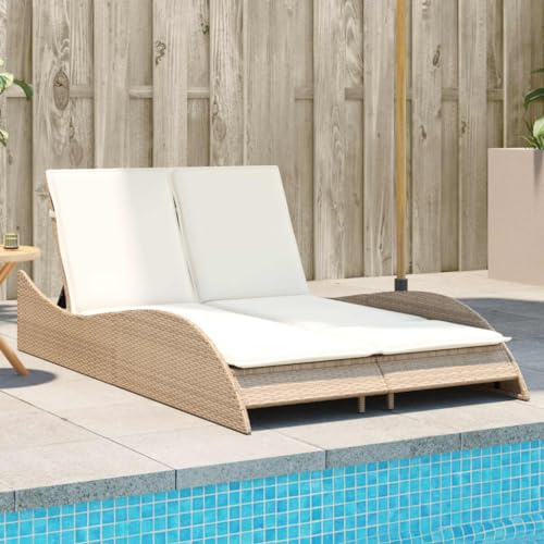 IKAYAA Verstellbare Doppelliege Outdoor 2 Personen Sonnenbett Gartenliege Poly Rattan-Beige und Creme 114 x 205 x 73 cm