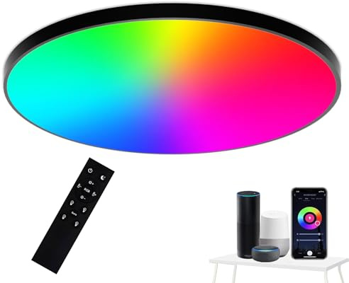 LED Deckenleuchte Dimmbar, 24W Wifi LED Deckenlampe, RGB Farbwechsel Deckenleuchte für Schlafzimmer, Wohnzimmer, IP44 Wasserfest Badlampe, Kompatibel mit Alexa APP Google Assistant, Schwarzer Rahmen