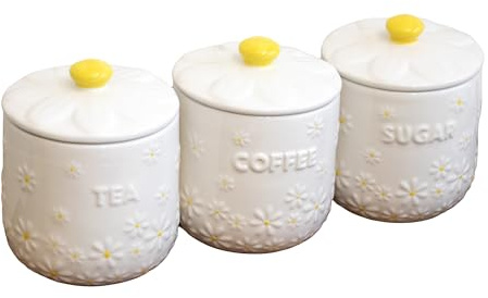 Darthome White Daisy Tea Coffee Sugar Canisters Set Of 3 12x15x12cm Ceramic Flower Kitchen Jars Airtight Lids