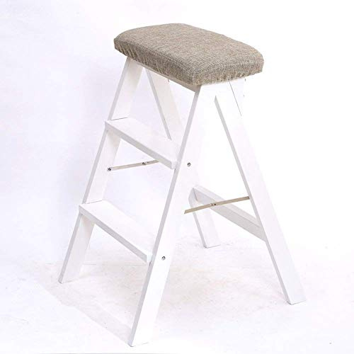 Taburete de madera para adultos, escalera plegable portátil, reposapiés de cocina multifuncional, banco pequeño compacto, acabado blanco, ideal para uso doméstico y de oficina