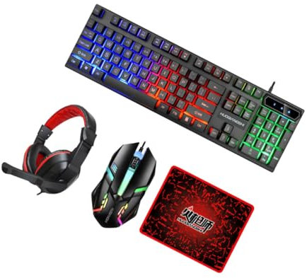 KICHOUSE 4-in-1 Wired Gaming Keyboard and Mouse Combo with Backlit Led, Headset and Mouse Pad for Pc Office and Gamer Use