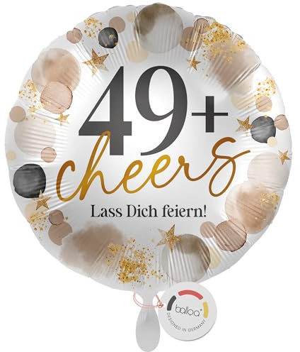 balloa Folienballon 49plus cheers Lass dich feiern, Helium Ballon rund, Luftballon Geburtstag Frau Mann Geschenk Deko Ballon 50 Jahre plus Spaßballon Feier Ballondeko Spruch, 33cm