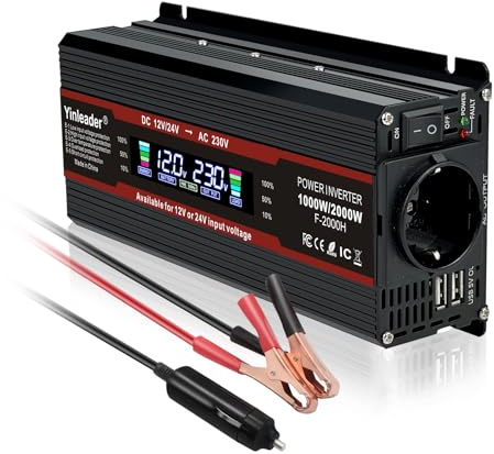 Yinleader 12V/24V auf 230V 1000W Wechselrichter LCD 1 EU Steckdosen 2 USB KFZ-Spannungswandler