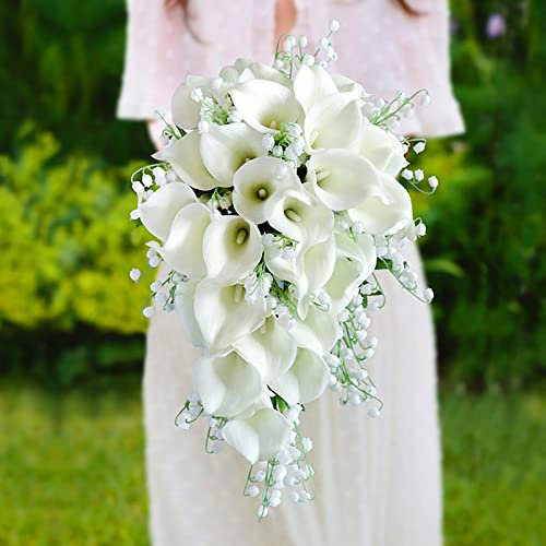 HTTGDGDH Bouquet di Fiori Artificiali per Matrimoni, con Calle, Orchidee A Campana, Nastro di Raso, Bouquet da Sposa Bianchi per La Sposa per Un Romantico Servizio Fotografico di Nozze.