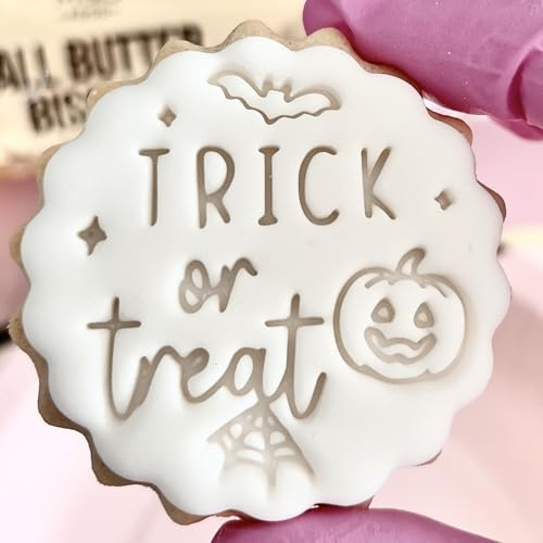 Trick or treat happy halloween cookie cutter stamp embosser fits m&s biscuits great for fondant icing reusable Marks and Spencers pumpkin ghost halloween decor ideas party favours Free matching cutter
