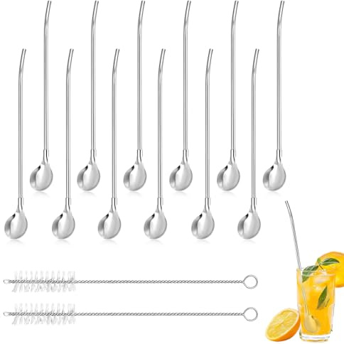 12PCS Pailles Cuillère 2 en 1, Acier Inoxydable 21cm, avec 2 Brosses de Nettoyage, Cuillère Longue pour Smoothies, Cocktails, Lait, Thé Glacé, Jus et Boissons Froides ou Chaudes