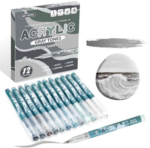 Rotuladores acrílicos, 12 colores, punta de fibra suave de 1 a 5 mm, sistema de tinta gratis, para papel, roca, vidrio, madera, lienzo de cerámica (gris)