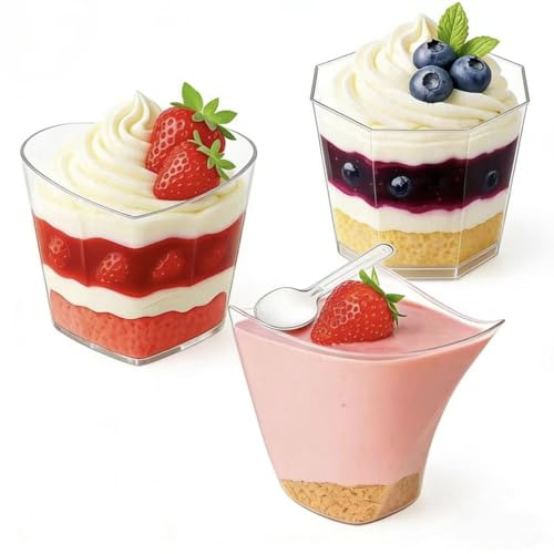 75 Stück Dessertgläser Plastik, 150ml(5oz) Dessertbecher Plastik mit Löffel | Wiederverwendbar Desert Becher, 3 Verschiedene Designs Dessertschalen für Desserts Mousse Eiscreme Pudding Party Picknick