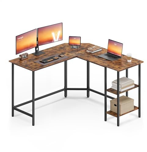 VASAGLE Scrivania per Computer a Forma di L, 130 x 130 x 76 cm, Scrivania ad Angolo con 2 Ripiani, per Ufficio Studio, Marrone Vintage e Nero Inchiostro LWD123K01V1