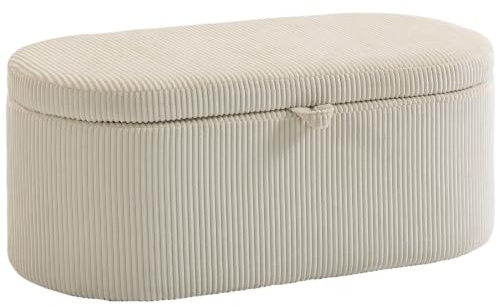 HOMCOM Sitzbank mit Stauraum Polsterbank Holzrahmen 105 x 51 x 49 cm Beige | Streifenstruktur, Cord-Optik, Sitztruhe mit Doppelscharniere, bis 200 kg, Bank, Wohnzimmer, Schlafzimmer, Flur