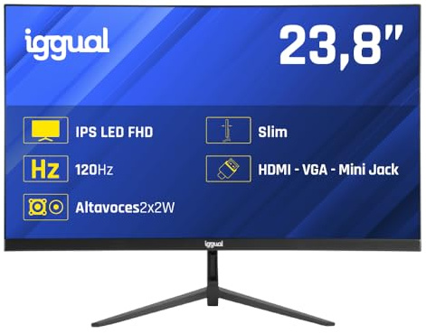 iggual Monitor Profesional 23,8” con Altavoces Integrados- Panel IPS(1920x1080)@120Hz (FHD)-Respuesta 1ms- Pantalla Frameless 99% sRGB-Conexiones: VGA y HDMI-Flicker Free-Compatible VESA -Negro