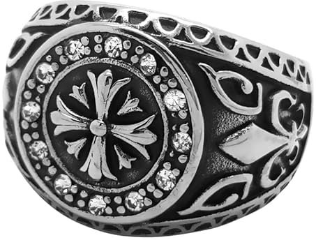 BOBIJOO Jewelry - Bague Chevalière Croix des Templiers Fleur de Lys Cristal Transparent Acier Inoxydable Médiéval Chevalier Malte - 56 (7 US)