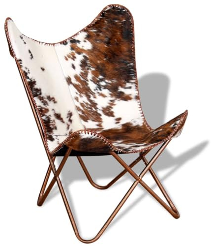 vidaXL Butterfly Sessel, Loungesessel mit Eisengestell, Relaxstuhl für Wohnzimmer, Schmetterling Stuhl, Vintage-Stil, Braun Weiß Echtes Kuhfell
