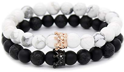 Armband Queen und King Crown Naturstein Perlen für Paare,Elastisch Armband aus CZ Kronen König und Königin schwarz Lava Vulkanischen Stein und weiß Howlite,Freundschaft Armreif Couple Armbänder 8mm