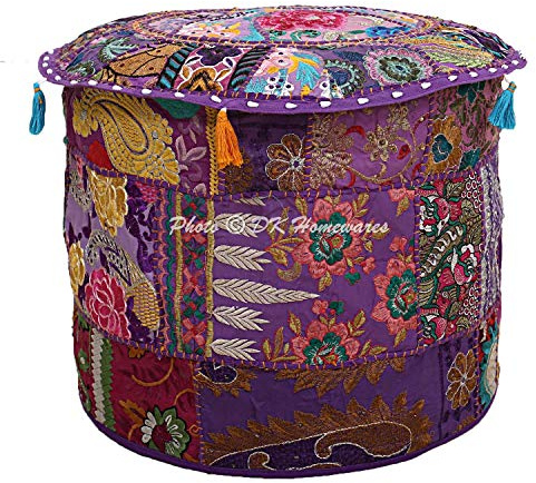 DK Homewares Traditional Desginer Ottoman Purple Pouffee Foot Stool Cover Home Decoration Quilted Floral Seating Furniture Footstools Hassock Pouf Cover (18X18X13 Inches / 45 Cm)