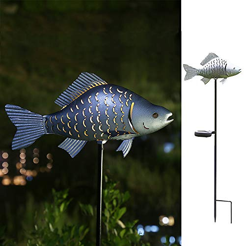 KAIXOXIN Solar Garden Lights Metal Fish Decorative Stake for Outdoor Patio Yard Decorations,Warm White LED Solar Path Lights (Silver-1)