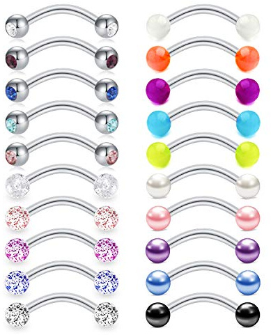 Mayhoop 20Pièces Piercing Arcade Piercing Rook Sourcil 16G Acier Chirurgical Perle Boule Lunineuse Anneau Sourcil Barre Courbe Bananas Courbé Bijoux de Piercing 8mm