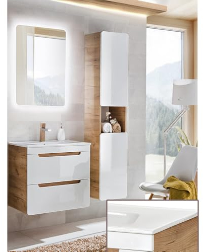 Lomadox Badmöbel Set, Hochglanz weiß mit Wotan Eiche Nb., 61 cm Waschtisch-Unterschrank mit Keramik-Waschbecken, 50 cm LED-Spiegel & Hochschrank