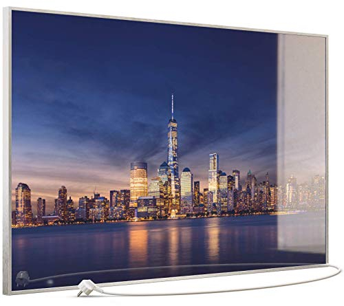 STEINFELD Heizsysteme® Glas Bild Heizung Infrarotheizung mit TS11 WiFi Thermostat | Made in Germany | Motive 011 New York Tower One (900 Watt, silber/Alu)