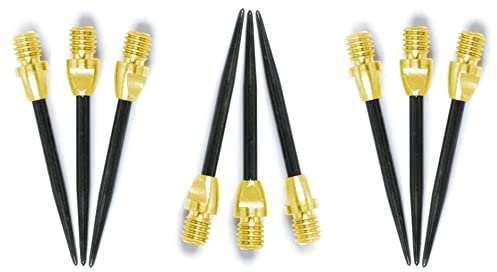 THOR-DARTS 3-6-9-12 Stahlspitzen für Steeldart Gold-schwarz Steeldartspitzen + Gummiringe + Flights Marken - Metallspitzen (9 Stück Gold-schwarz (3 Set MS2gobl), ohne Zubehör)