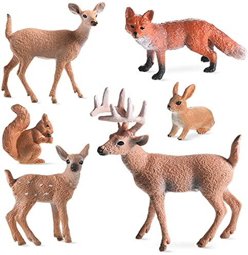 Skylety 6 Pieces Woodland Animals Figures Forest Figurines Deer Rabbit Squirrel Family Figurines Miniature Toys Cake Toppers for Christmas Birthday Party Baby Shower Decoration Favors