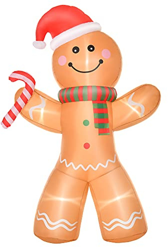 HOMCOM 240 cm Aufblasbare Weihnachtsdeko Aussen Lebkuchenmann Deko | Integrierte LED-Lichtern, mit Zuckerstange, Outdoor Weihnachtsdekoration, Weihnachten Dekoration, für Hof Garten Rasen