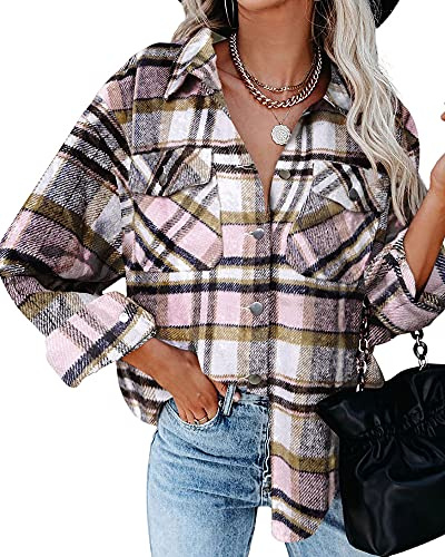 HVEPUO Camisa Cuadros Chaqueta Mujer Manga Larga Camisas Franela Botones Shacket