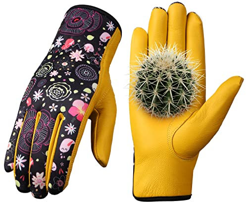 Bamllum Gartenhandschuhe aus Leder für Damen – Arbeitshandschuhe zum Jäten, Graben, Pflanzen, Hacken und Beschneiden (rosa Blumenmuster)