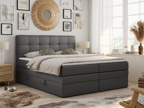MKS MEBLE King Boxspringbett Grau 180x200 Mit Bettkasten, Polsterbett Mit Multipocket-Matratze H4, Kopfteil und Topper - Dunkelgrau Kunstleder - Luka