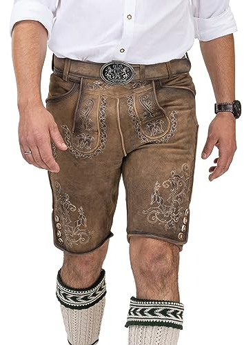 Schöneberger Trachten Couture Herren Lederhose kurz mit Trachtengürtel, traditionelle Vintage Trachtenhose für Oktoberfest aus hochwertigem Ziegenleder, Leon (48)