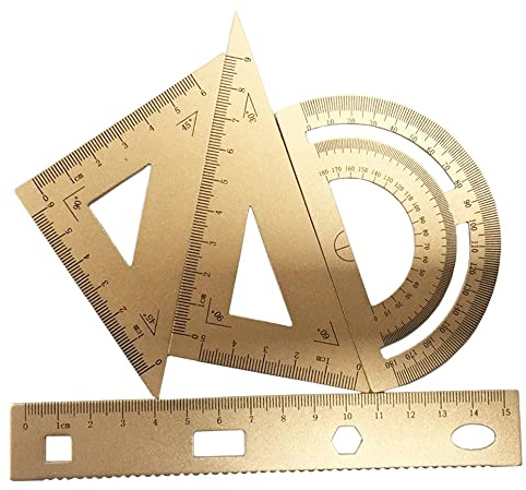 Set di 4 righelli matematici per geometria, righello leggero in lega di alluminio, include righello dritto, righello triangolare, goniometro, per studenti, insegnanti, architetti, ingegneri, oro