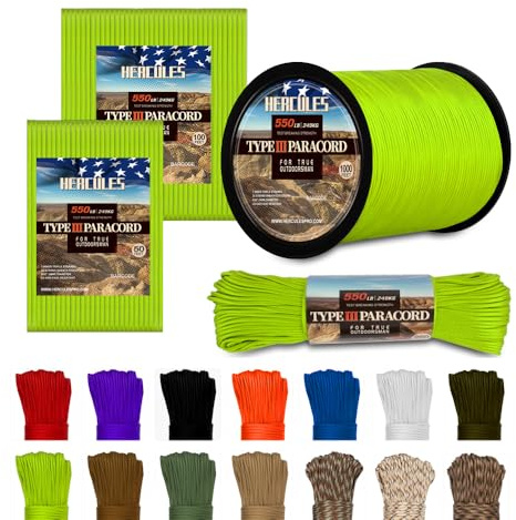 HERCULES Type III Paracord 550 Rope Parachute Cord, 100' Neon Green