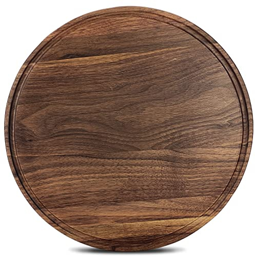 MAGIGO Planche à découper ronde en bois de noyer de 30,5 cm pour cuisine | Planche à découper en bois avec rainures pour jus