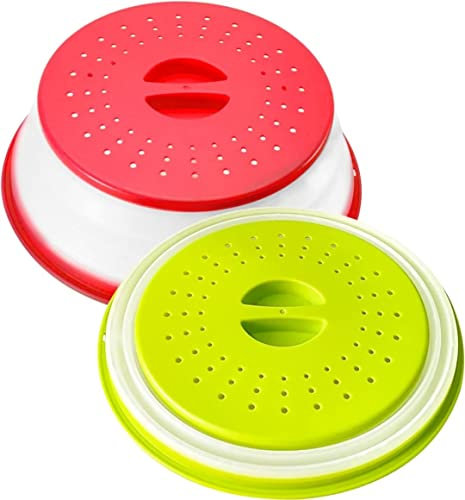 Norhogo 2 Stück 28CM Faltbare Mikrowellenabdeckung, Spritzschutz, Multifunktionale Abdeckung, die auch als Obstfilterkorb verwendet werden kann, BPA-Frei (Rot+Grün)