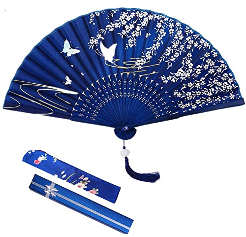 VEGCOO Éventail, Eventail en Bois Et Soie Evantail Pliable, Evantaille avec Sac De Ventilateur De Lotus/Silk Sac/Coffret Cadeau De Ventilateur, Cadeau Ete Décoration De Mariage Cadeau De Fête(Bleu)