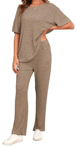 Famulily Ribbed Clothes Sets for Women Oversized Short Sleeve Tops and Wide Leg Trousers with Pockets, 2 Piece Outfits Tracksuits Loungewear Sleepwear
