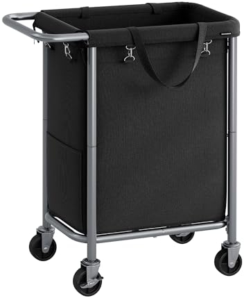 SONGMICS Laundry Basket on Wheels, Laundry Hamper, 23.8 Gallons (90L), Removable Liner, Steel Frame with Handle, Large Linen Storage, 61 x 29 x 81 cm, Ink Black RLS003B01