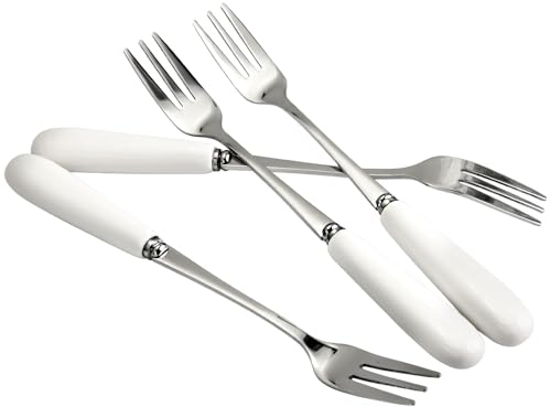 MEIYAHOME Fine Dessert Forks 18-10 Stainless Steel Fruit Fork(Creative White Ceramic Handle) Tasting Forks, 3-Tine Forks, sus304 6inch (4 Pcs)