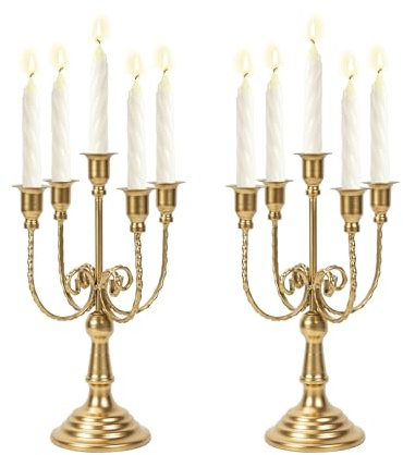 Metal Candelabra Gold Candle Stand 11.8” Tall, 5-Candle Candlestick Holder for Taper Candles, Candle Holder for Wedding Centerpiece Christmas Valentine Holiday Party Event Reception Decor, 2Pcs