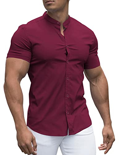 URRU Chemise Moulante pour Homme, Coupe ajustée, col à Bandes, Manches Courtes, Chemise décontractée boutonnée, Rouge vin, XL