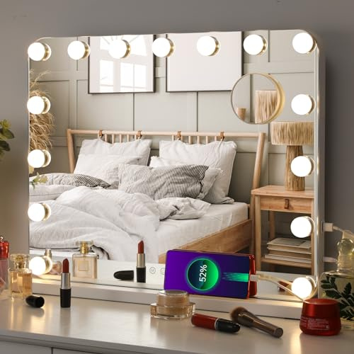 MAMIZO Specchio da trucco con luci, Specchio Hollywood 58x46 cm,15 LED, 3 colori di luce, Luminosità regolabile, Specchio cosmetico con luce, Da Parete o Da Tavolo, Bianco