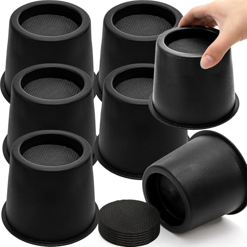 Noamus 6 Pack 4 Inch Heavy Duty Round Bed Risers, Furniture Raising Blocks, Black Lifts with Non-Slip Foam Pads, Dorm Bed Frame Extenders for Desk Chair, Table Legs, Sofa Couch