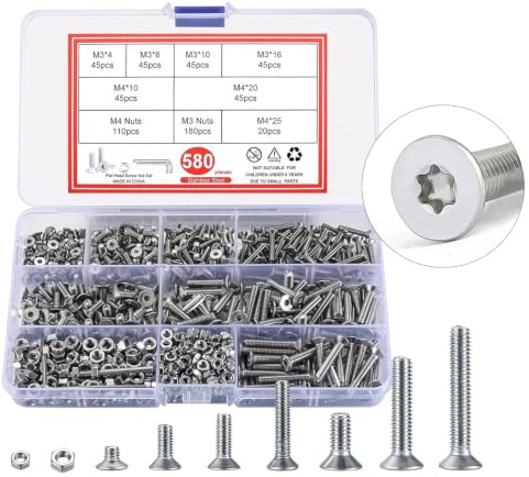 QJKEJI 580pcs M3 M4 Flat Hex Socket Head Screws Bolts and Nuts, Metric Countersunk Bolts, Stainless Steel Round Flat Socket Machine Hex Button Head Cap Screws and Nuts Set