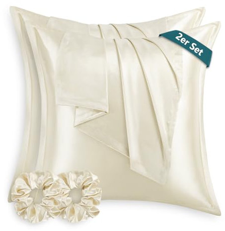 RUIKASI Satin Kissenbezug 80x80 wie ein Seidenkissenbezug mit 2 Haargummis - seidig Kopfkissenbezug 80x80 für Haar und Haut, Pflegeleichter als Seiden Kissenbezug Silk Pillow Case, Beige