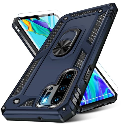 Vaki Handyhülle für Huawei P30 Pro Mit Schutzfolie, 360° Metall Ring Ständer, Stoßfest Bumper Tasche, Schutzhülle für 5G (Blau)