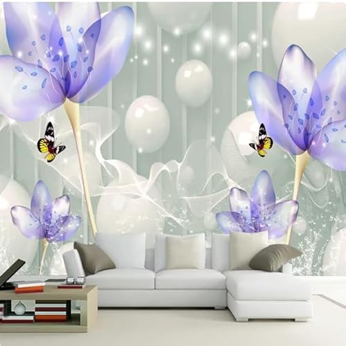 3D Tapete Lila Blumen Schmetterling Fototapeten Wohnzimmer TV Sofa Hintergrund Wohnkultur,3D,150x105cm