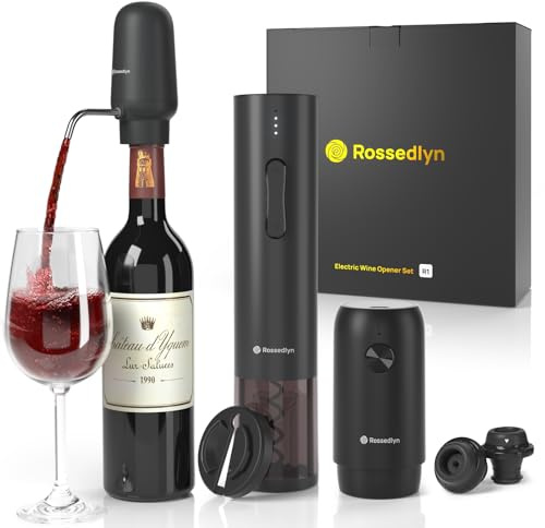 Rossedlyn Rechargeable Electric Wine Opener Gift Set - Aerator, Bottle Opener, Foil Cutter, Wine Vacuum Pump and Stoppers for Home Bar Outdoor Party