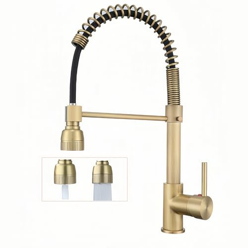 SJQKA Antique Brass Kitchen Faucet with Pull Out Spray, 360 Swivel, Dual Function Sprayer, Brass Material, Brushed Finish, Antique Brass Color